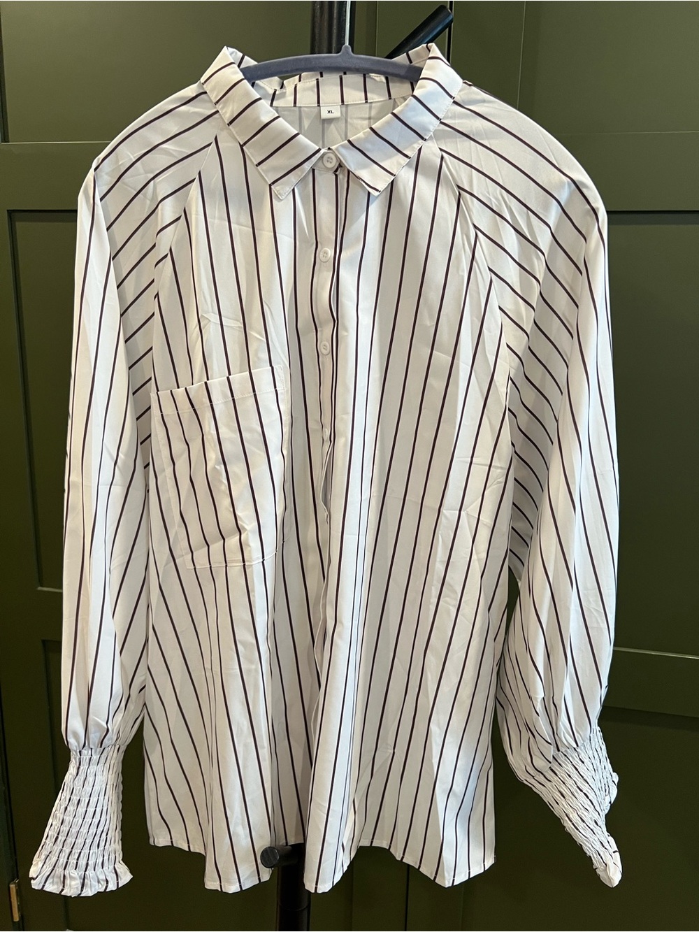 White and Purple Vertical-Strip Shirt with Elastic Smocked Wrist Cuffs